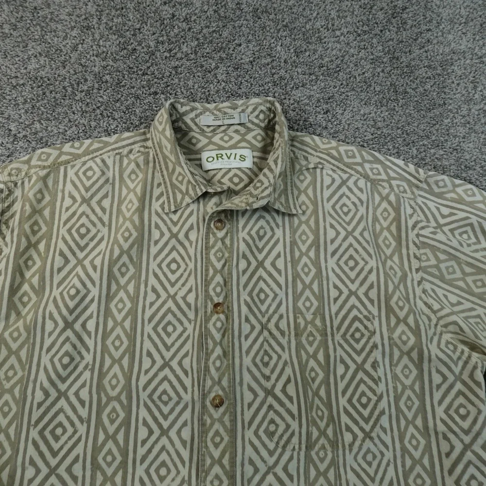 Orvis Shirt Mens L Tan Beige Geometric Diamond Tiki Print Short Sleeve Button Up